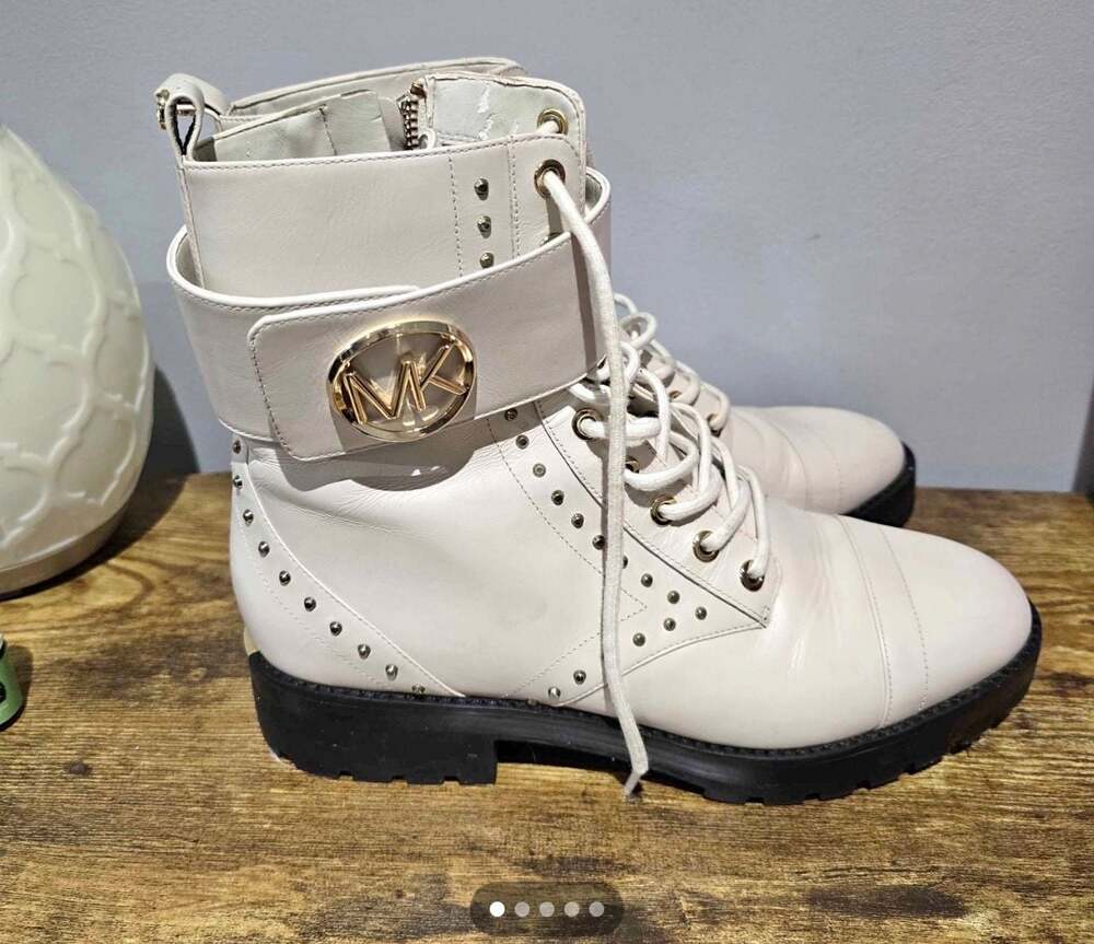 Michael Kors Tatum Leather Combat Boots Size 9M White Gold Studded Biker Boots
